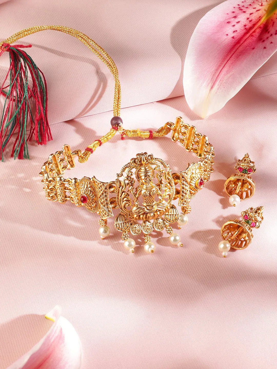 Rubans 22K Gold Plated Lakshmi Motif Ruby Stones Studded Pearl Choker Jewellery Set