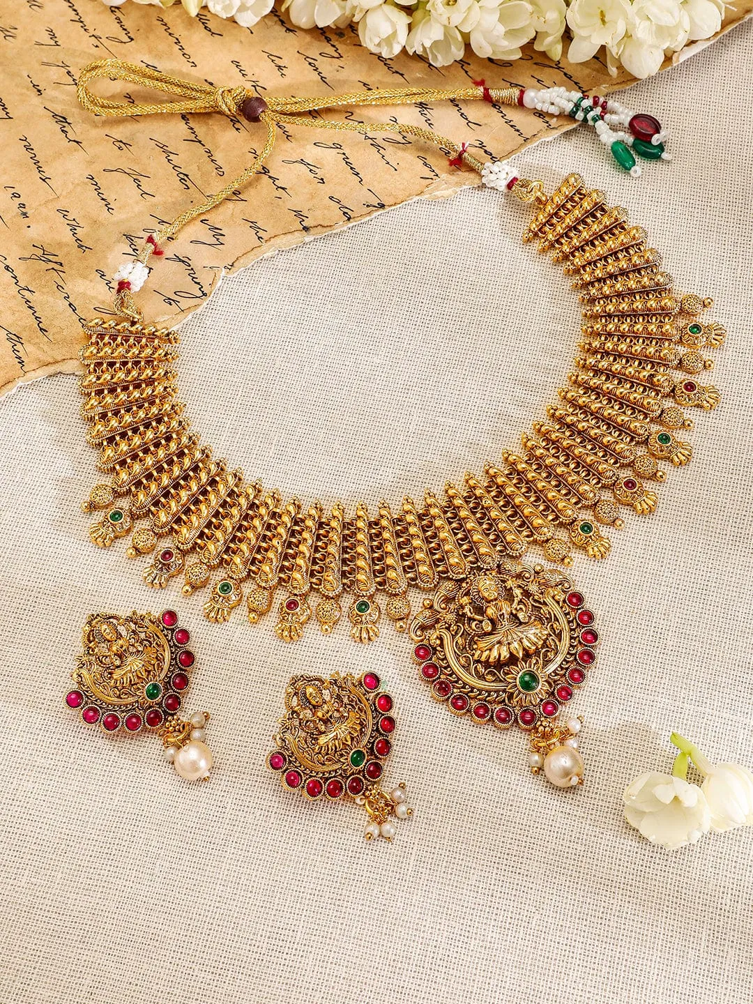 Rubans 22K Gold-Plated Ruby & Emerald Studded Lakshmi Temple Jewellery Set with Pearl Drop