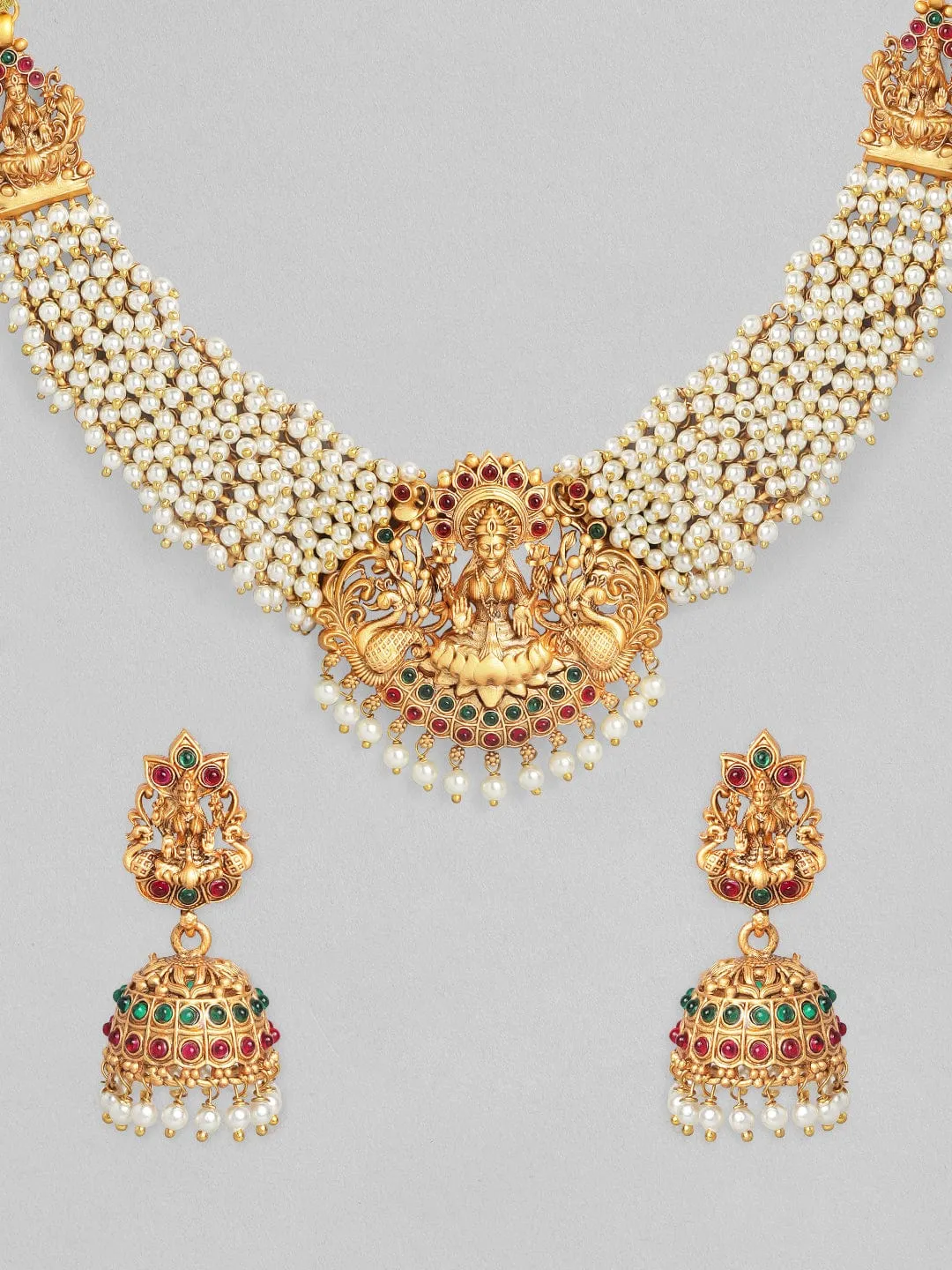 Rubans 24K Gold Plated Handcrafted Ruby Stone with White Pearls Divine Lakshmi Necklace Set