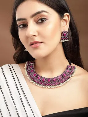 Rubans Oxidised Silver Plated Handcrafted Ruby Stone Necklace Set