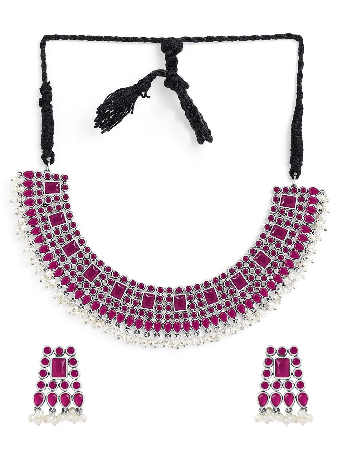 Rubans Oxidised Silver Plated Handcrafted Ruby Stone Necklace Set