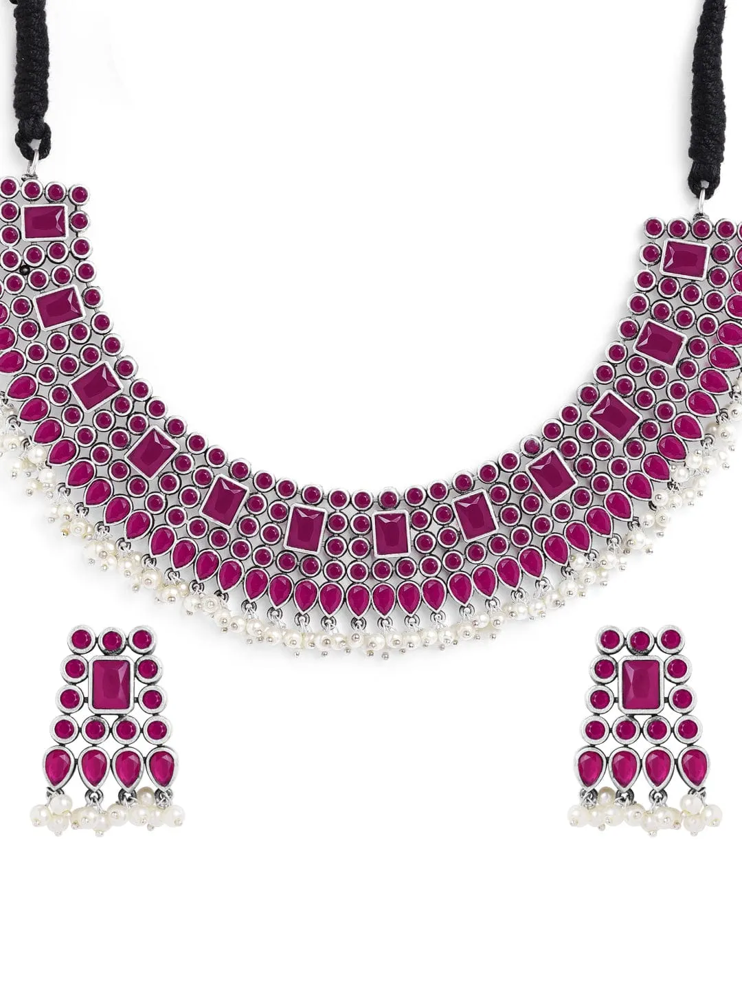 Rubans Oxidised Silver Plated Handcrafted Ruby Stone Necklace Set