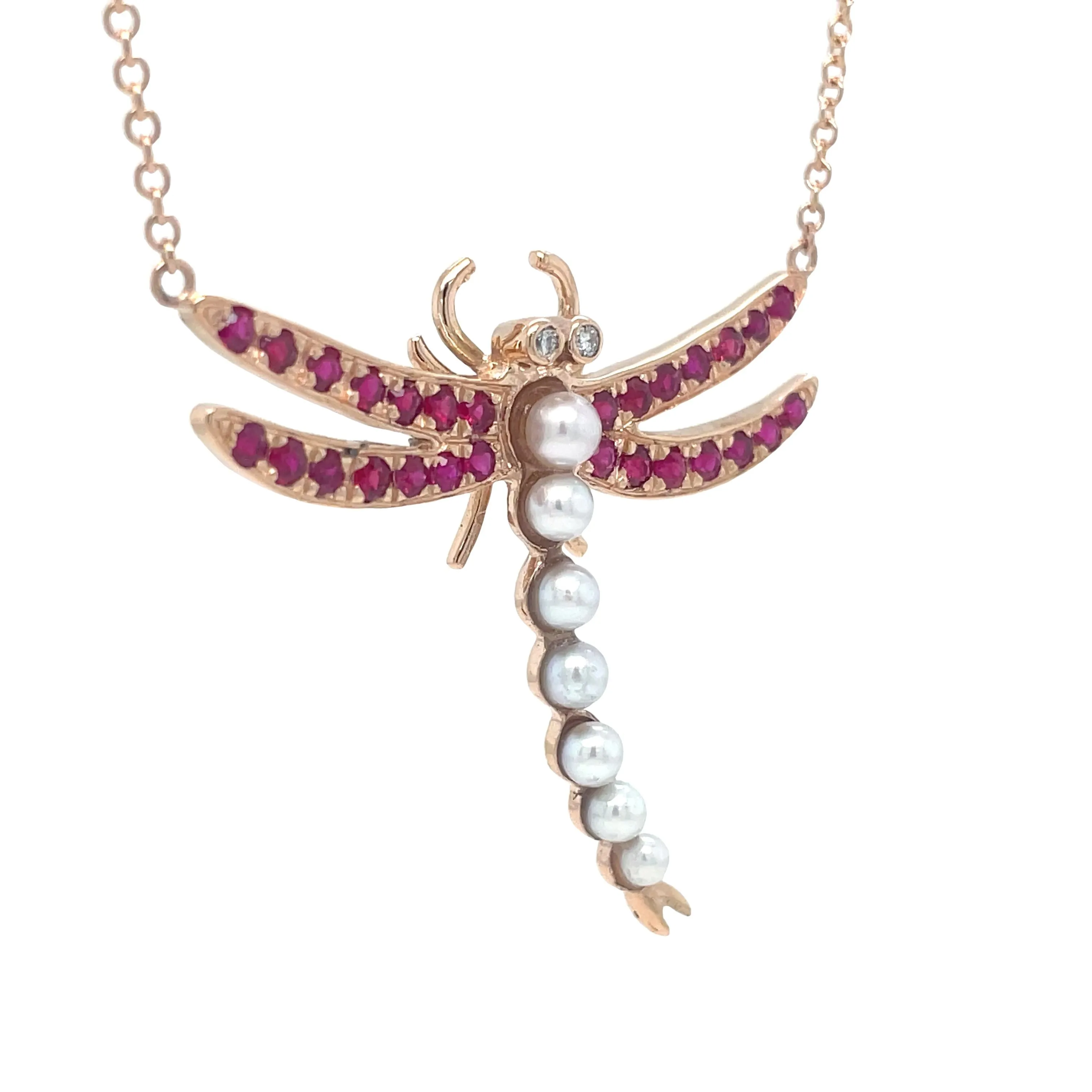 Ruby & Pearl Dragonfly Pendant Necklace