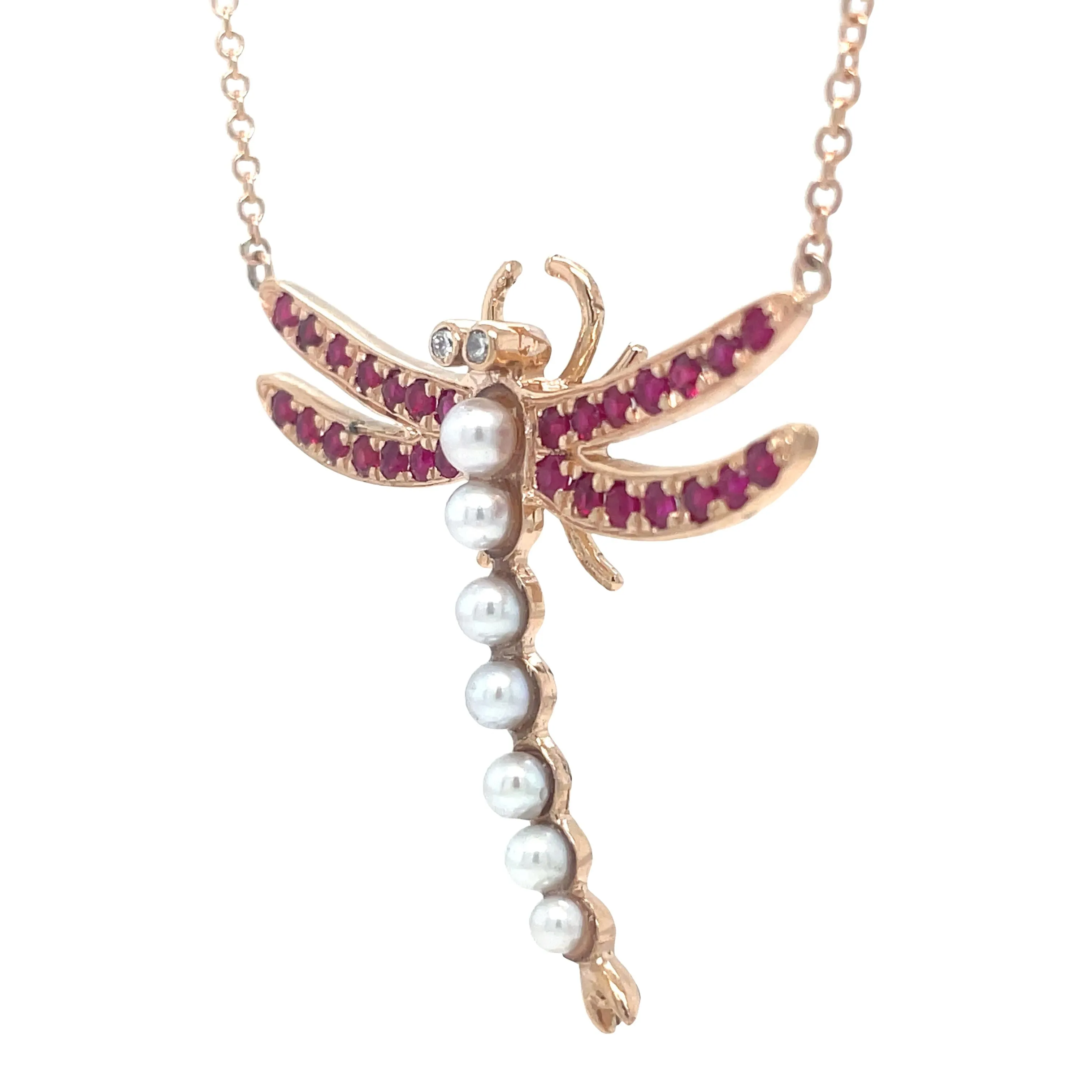 Ruby & Pearl Dragonfly Pendant Necklace