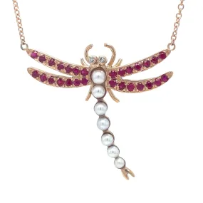 Ruby & Pearl Dragonfly Pendant Necklace