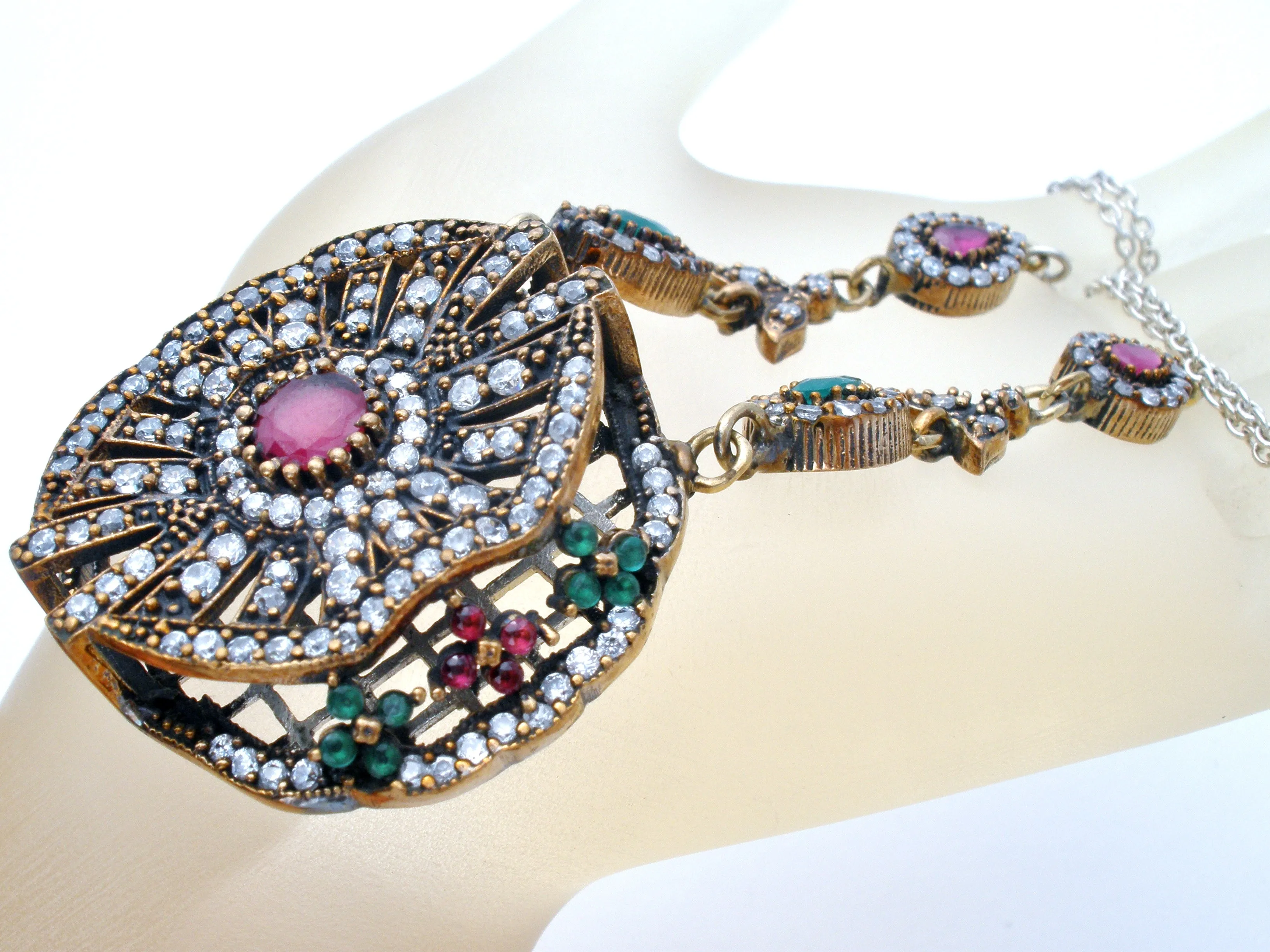 Ruby, Emerald & White Sapphire Lavalier Necklace