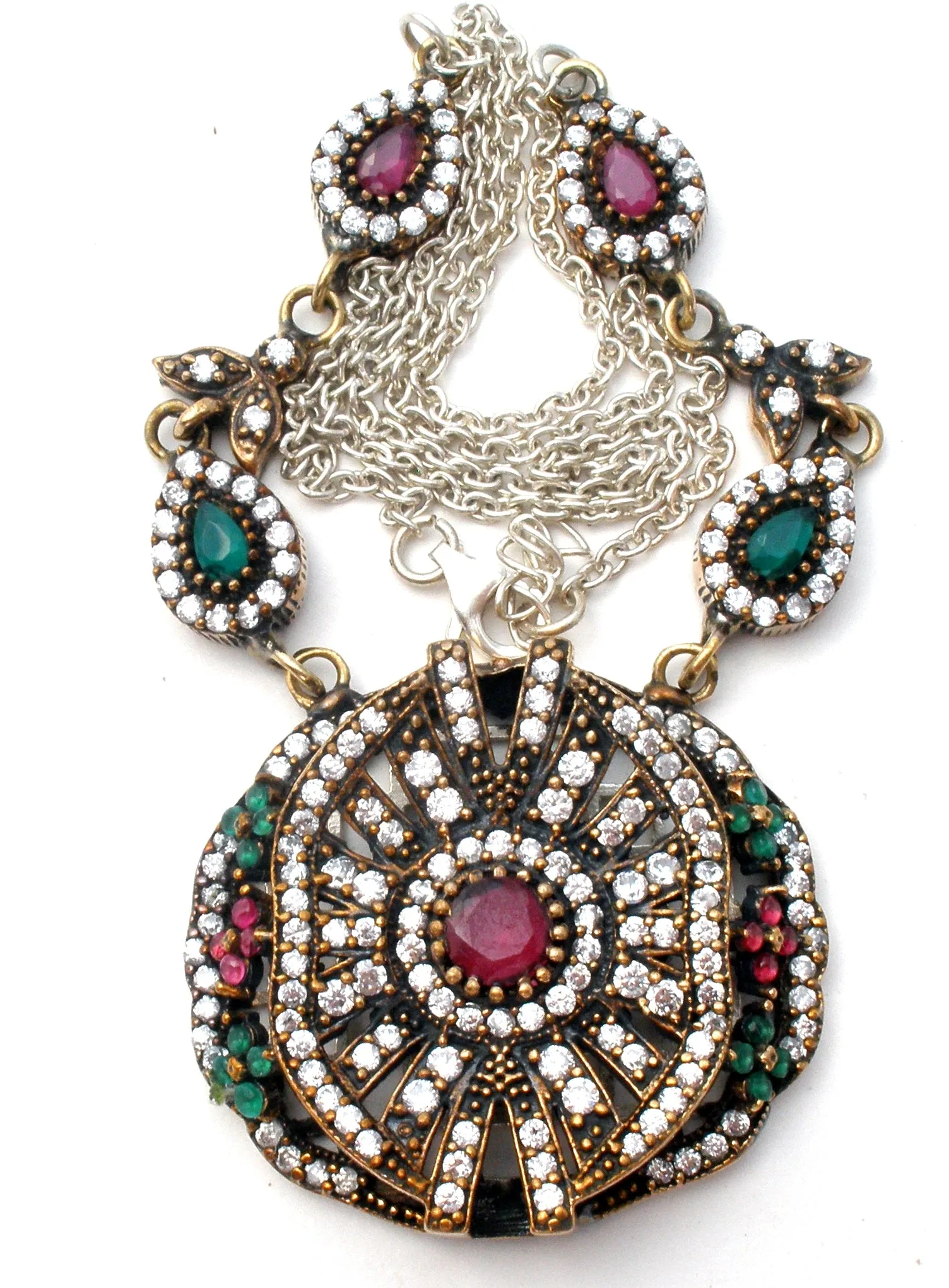 Ruby, Emerald & White Sapphire Lavalier Necklace