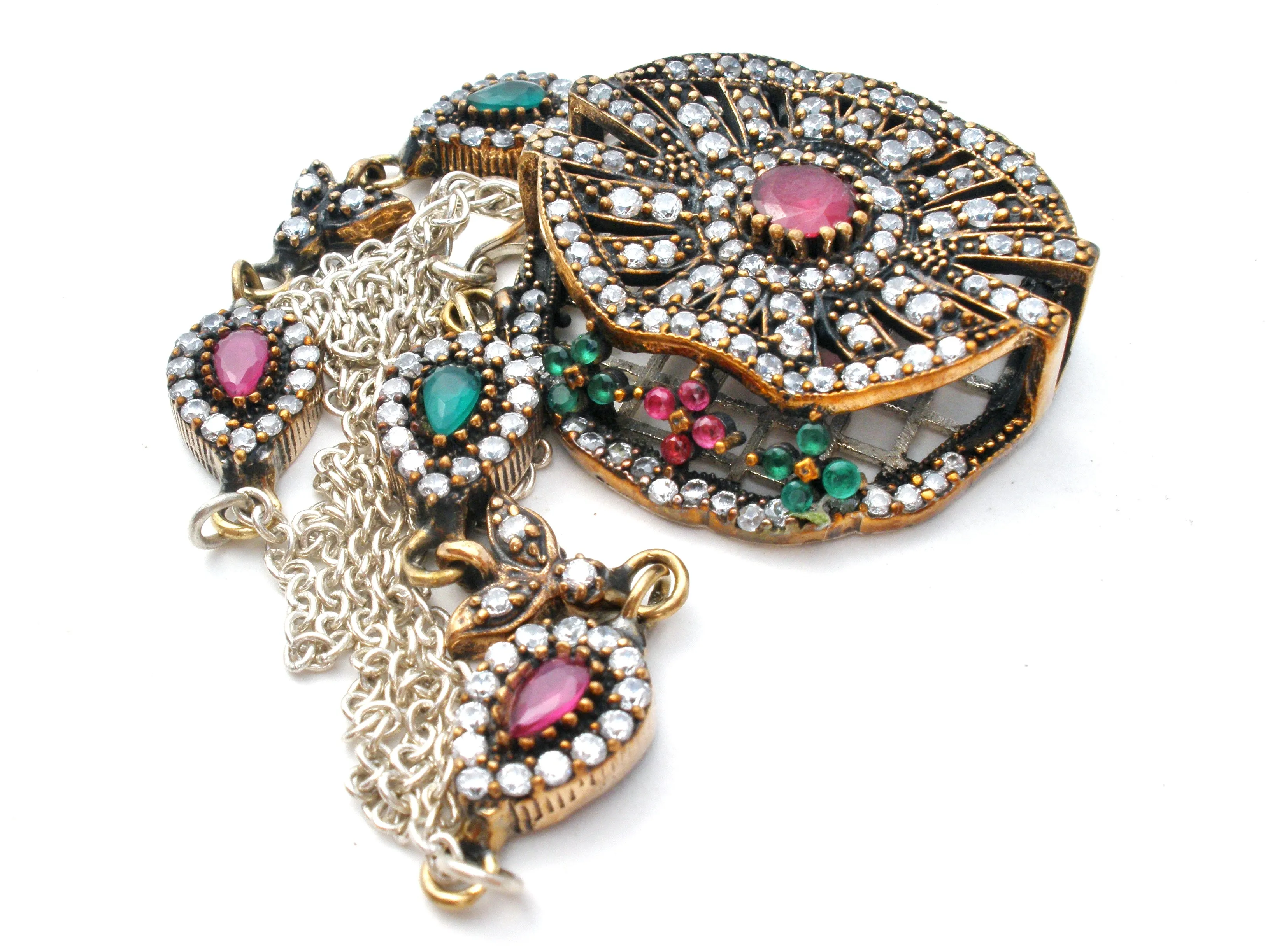 Ruby, Emerald & White Sapphire Lavalier Necklace