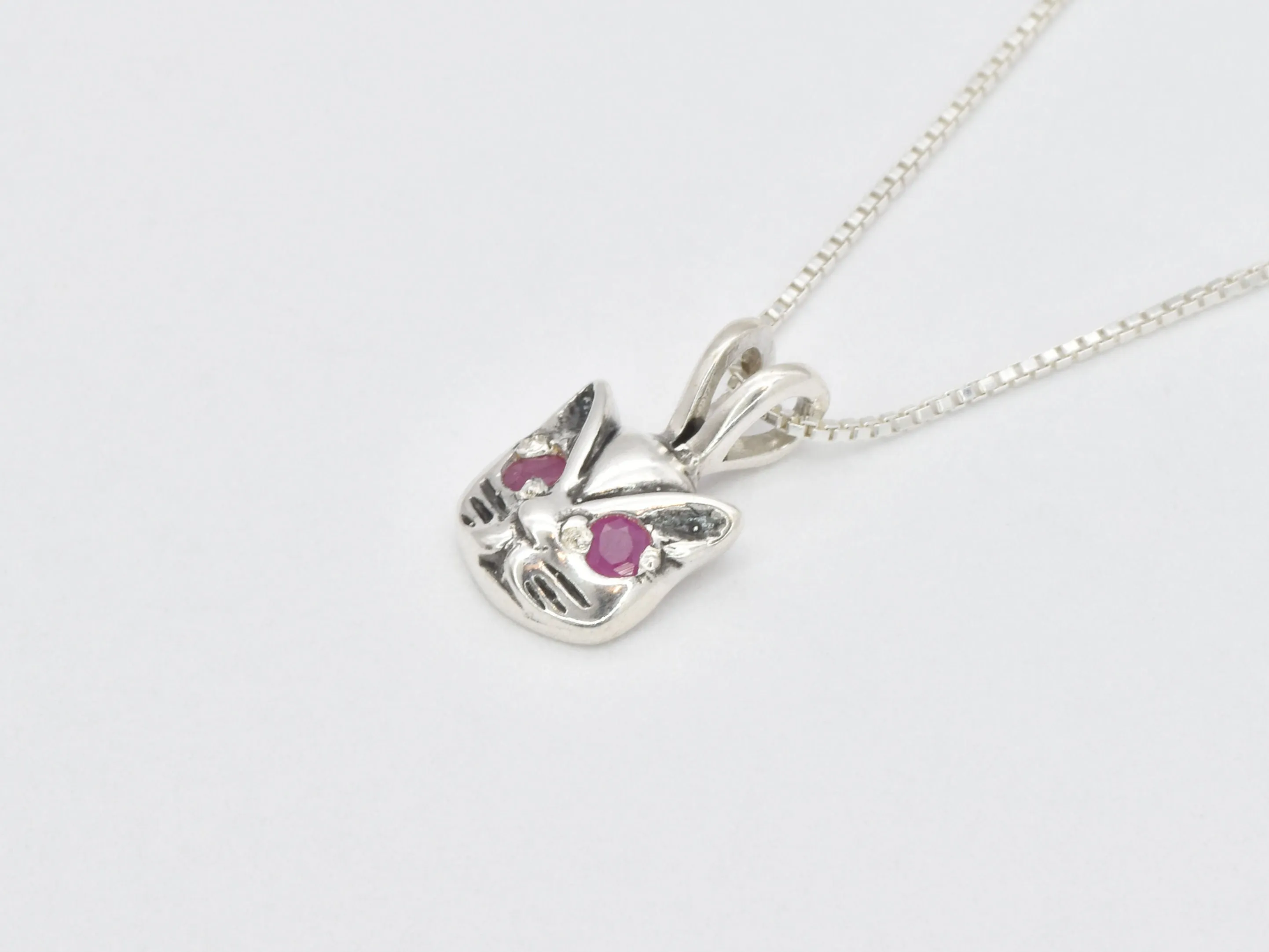 Silver Cat Necklace - Natural Ruby Pendant, Silver Ruby Necklace