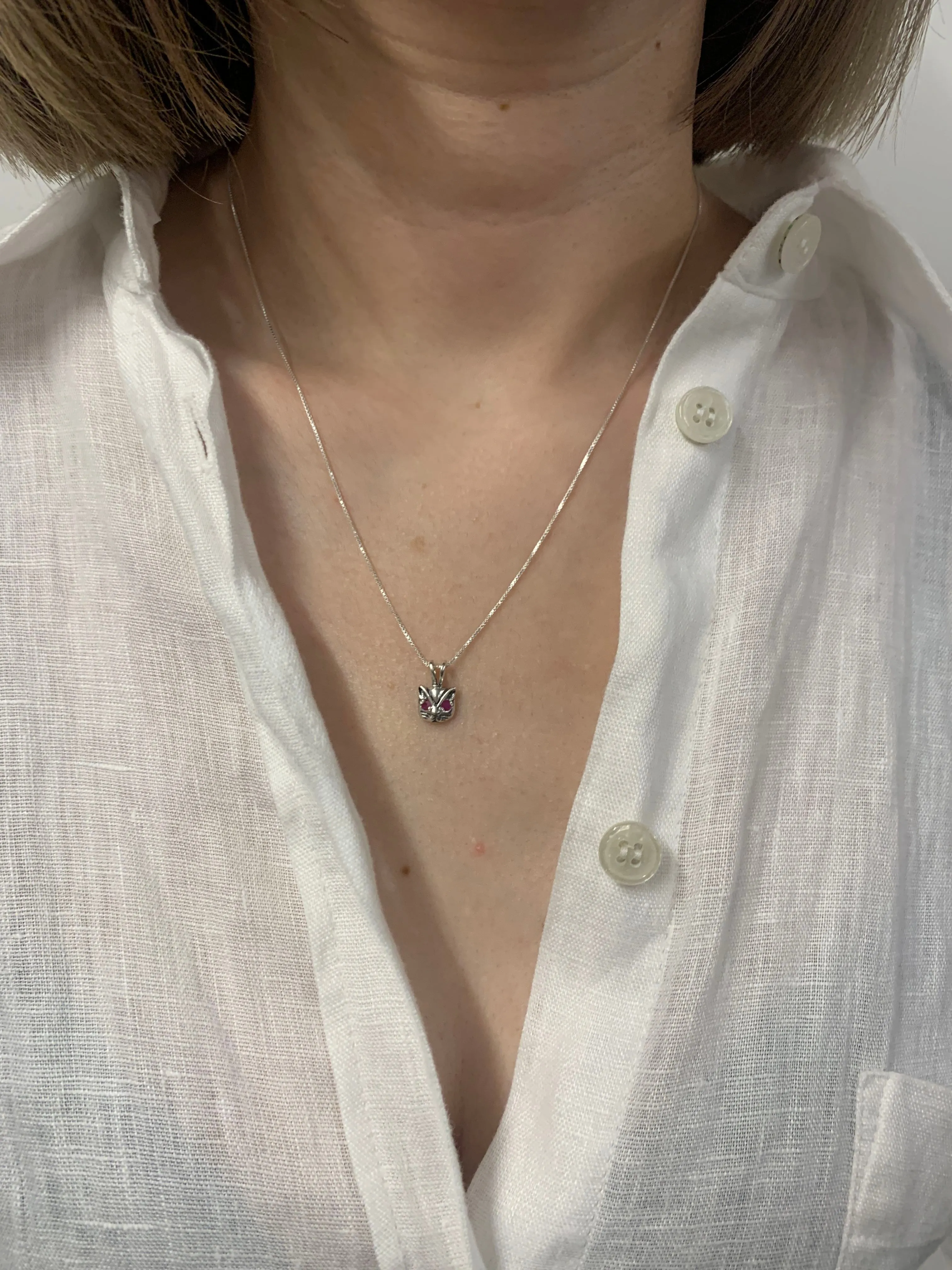 Silver Cat Necklace - Natural Ruby Pendant, Silver Ruby Necklace