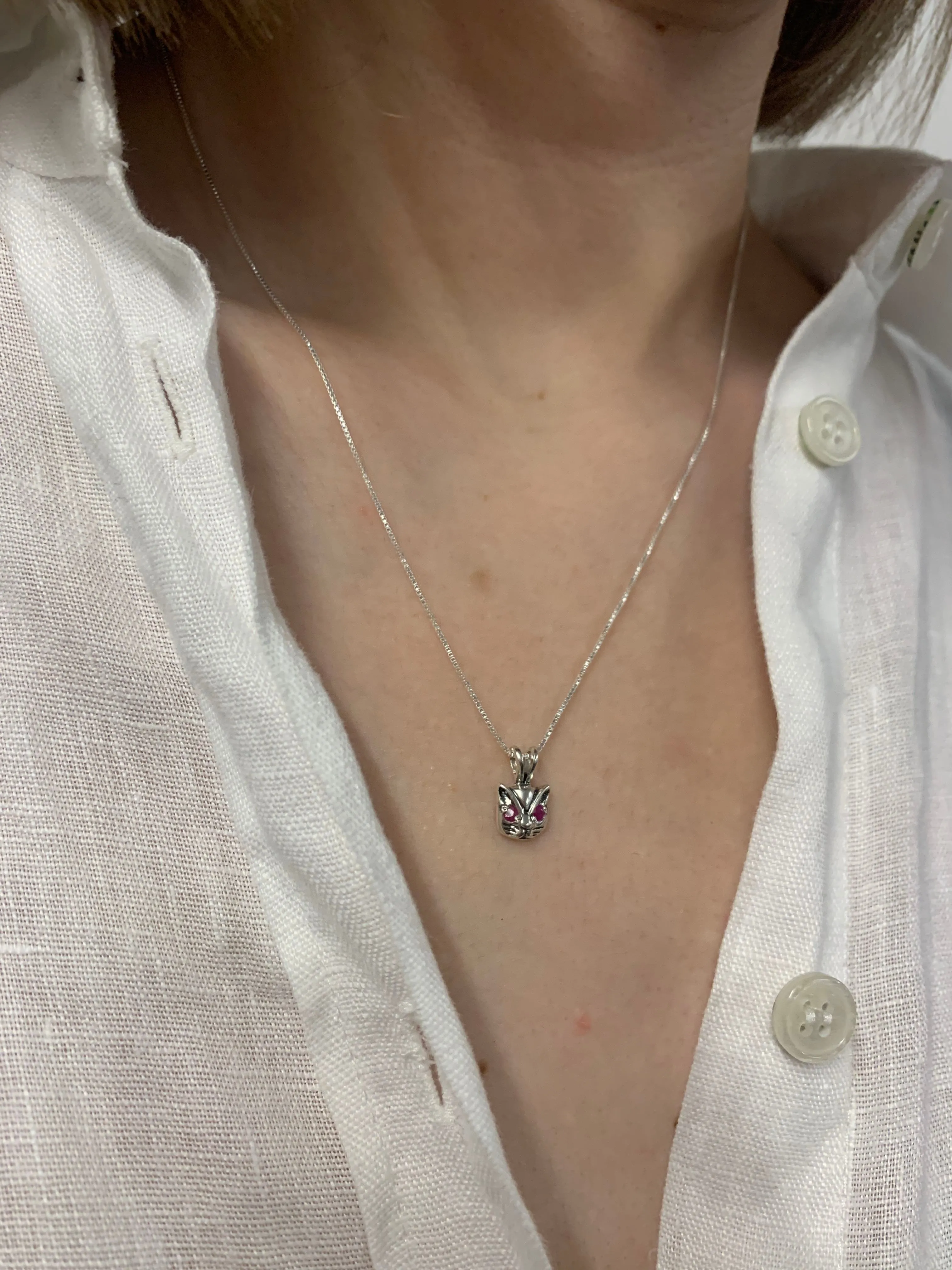 Silver Cat Necklace - Natural Ruby Pendant, Silver Ruby Necklace