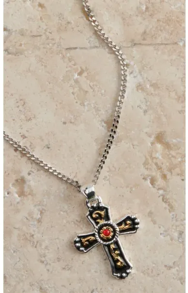 Silver Strike Cross Red Stone Necklace