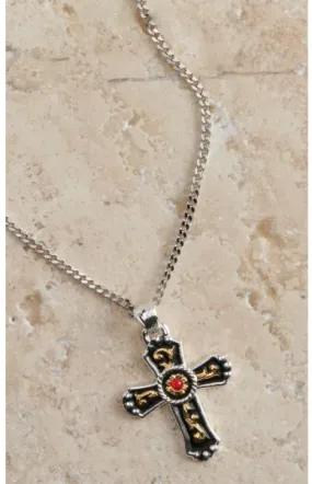Silver Strike Cross Red Stone Necklace