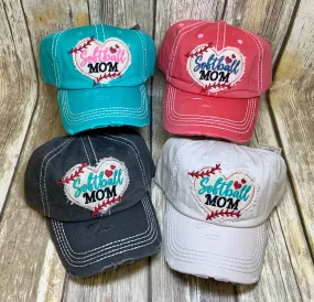 Softball Mom Embroidered Distressed Caps