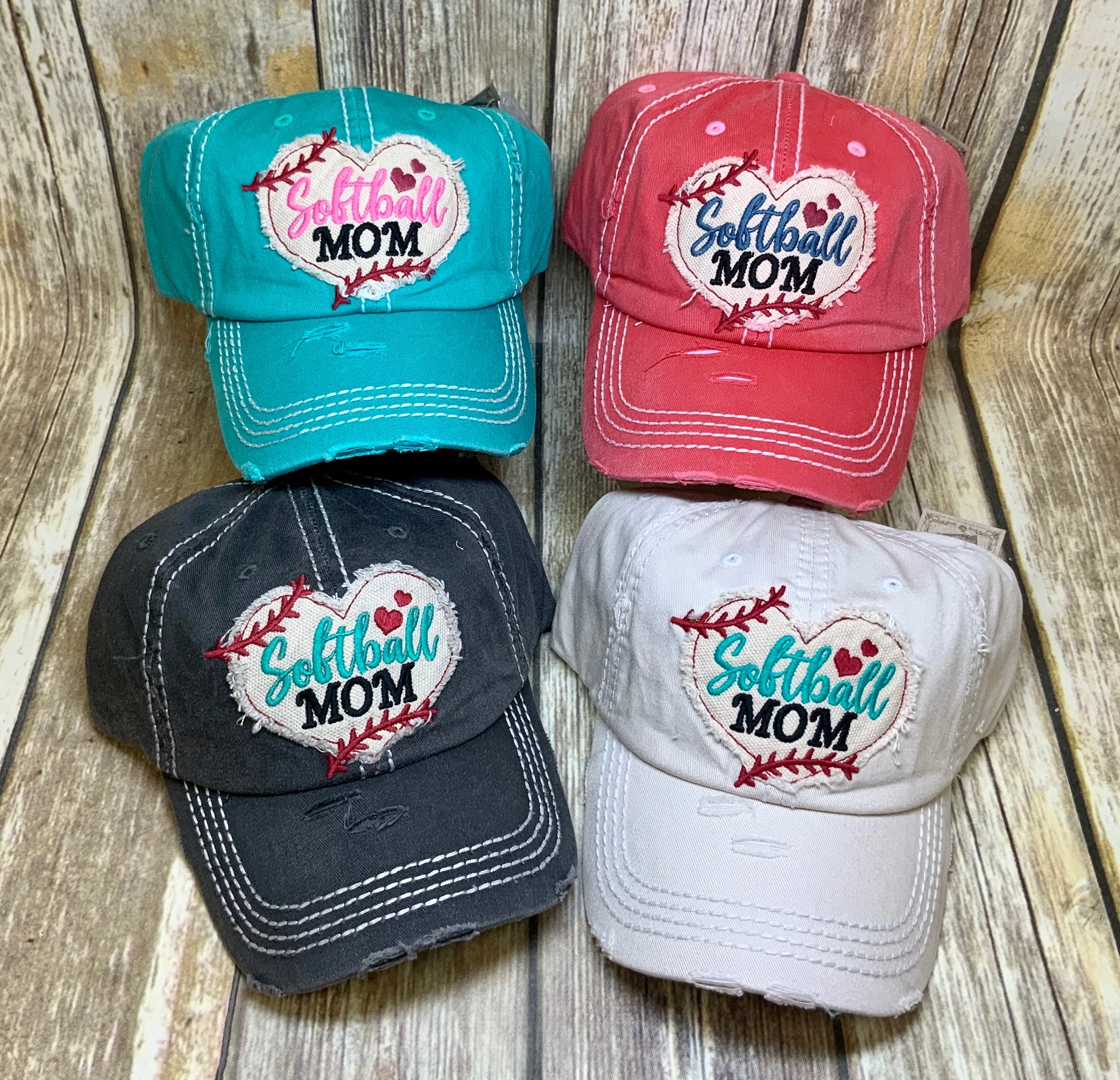 Softball Mom Embroidered Distressed Caps