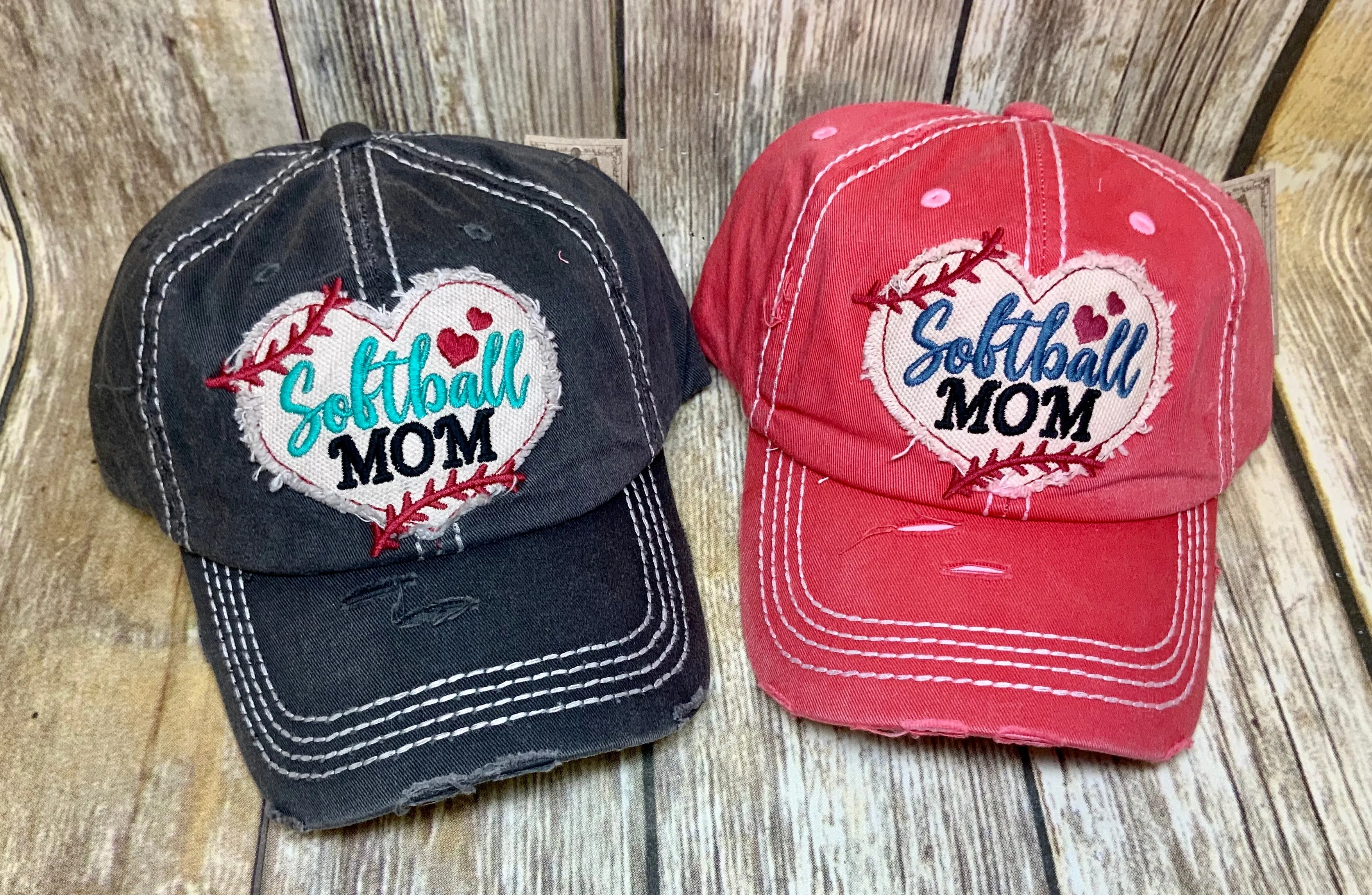 Softball Mom Embroidered Distressed Caps