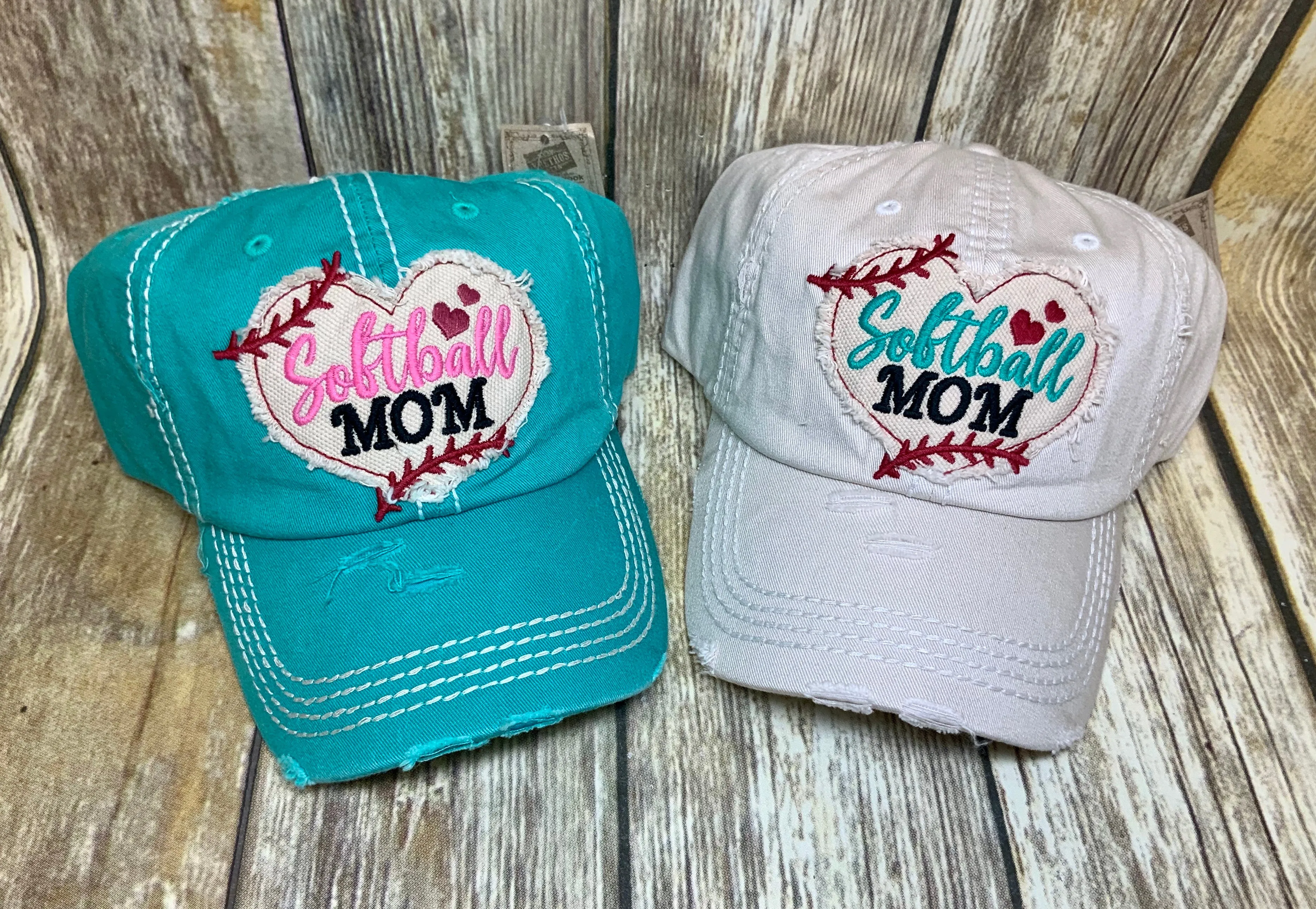 Softball Mom Embroidered Distressed Caps