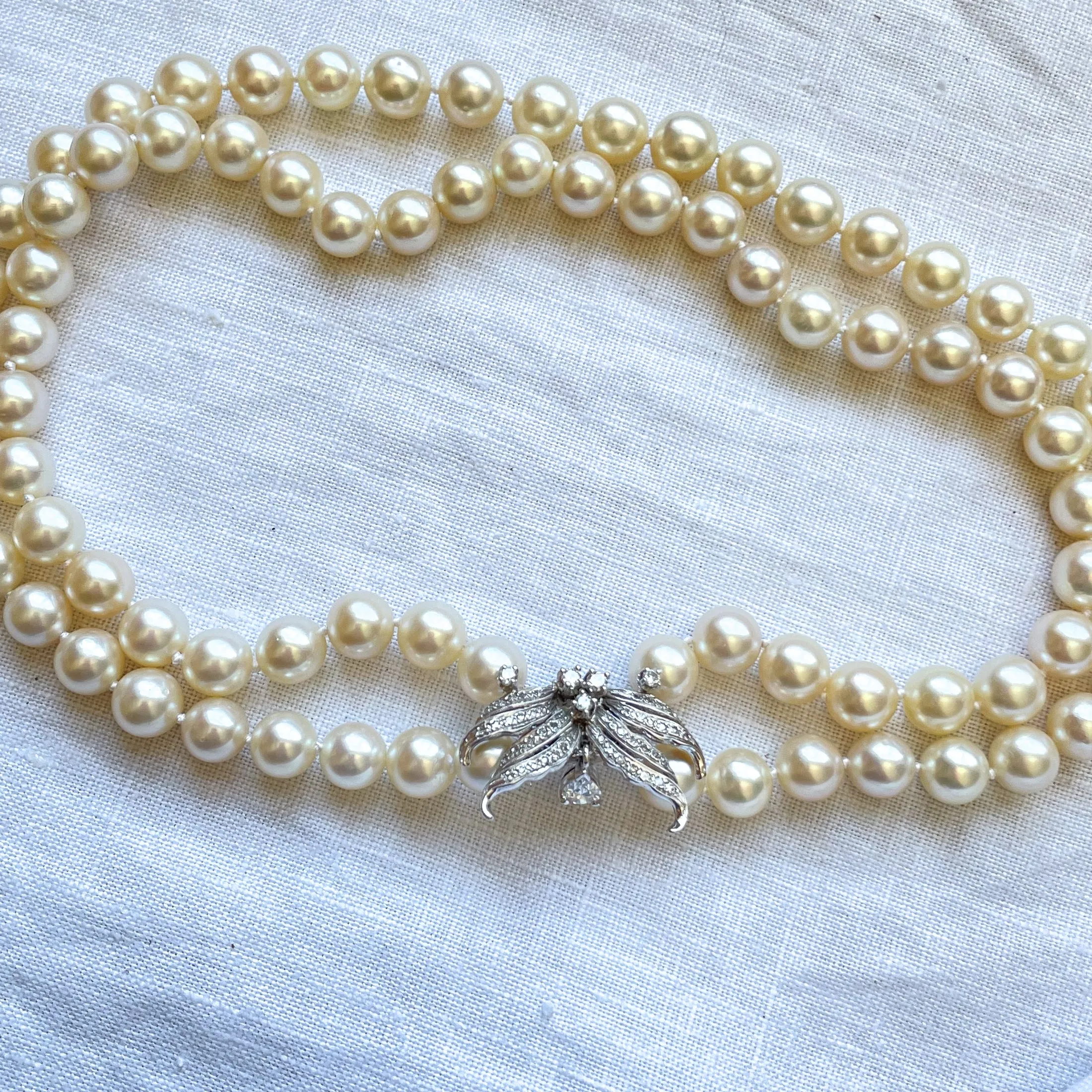 SOLD Vintage Double Strand Pearl Necklace, 14K White Gold Diamond Clasp, Restrung