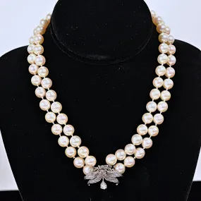 SOLD Vintage Double Strand Pearl Necklace, 14K White Gold Diamond Clasp, Restrung