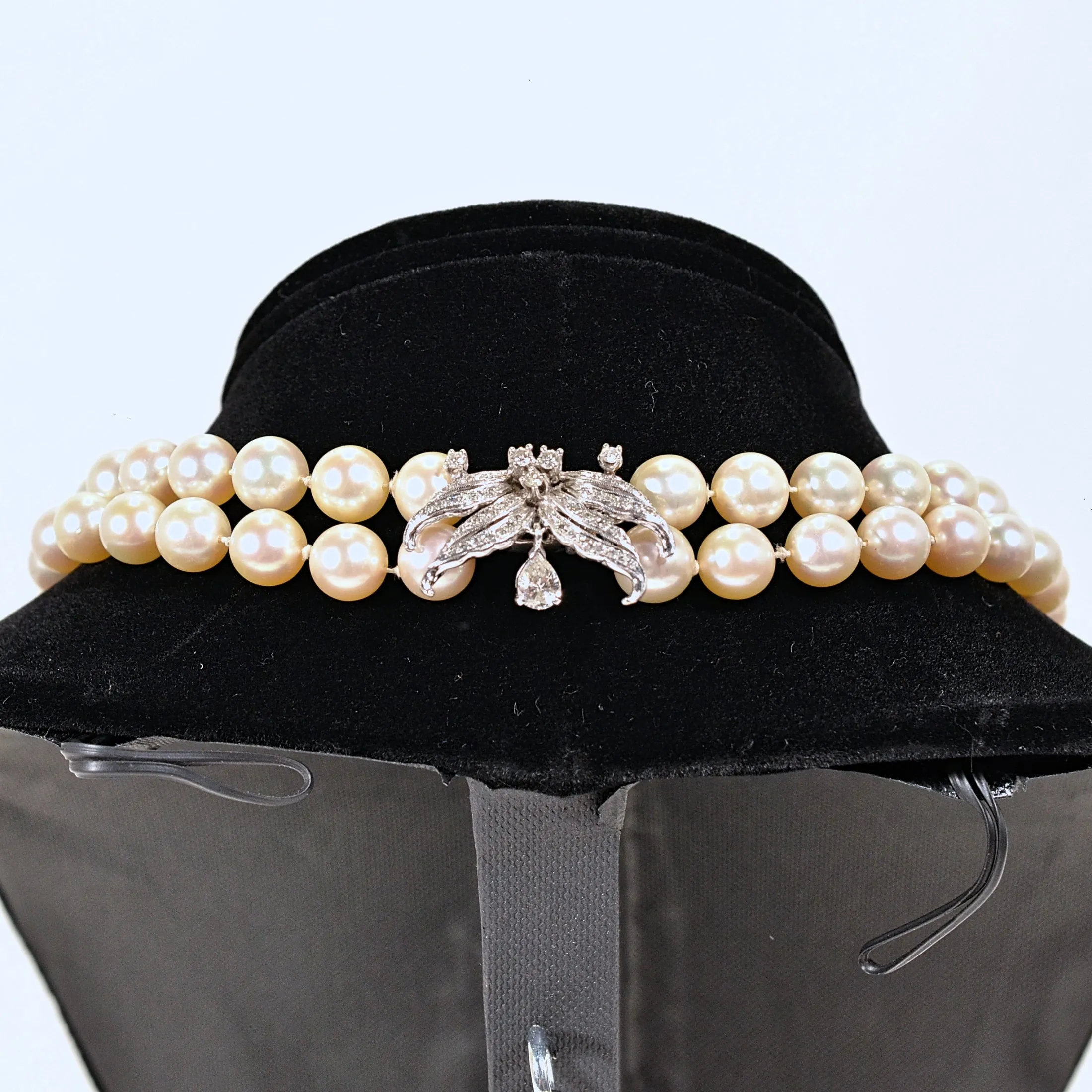 SOLD Vintage Double Strand Pearl Necklace, 14K White Gold Diamond Clasp, Restrung
