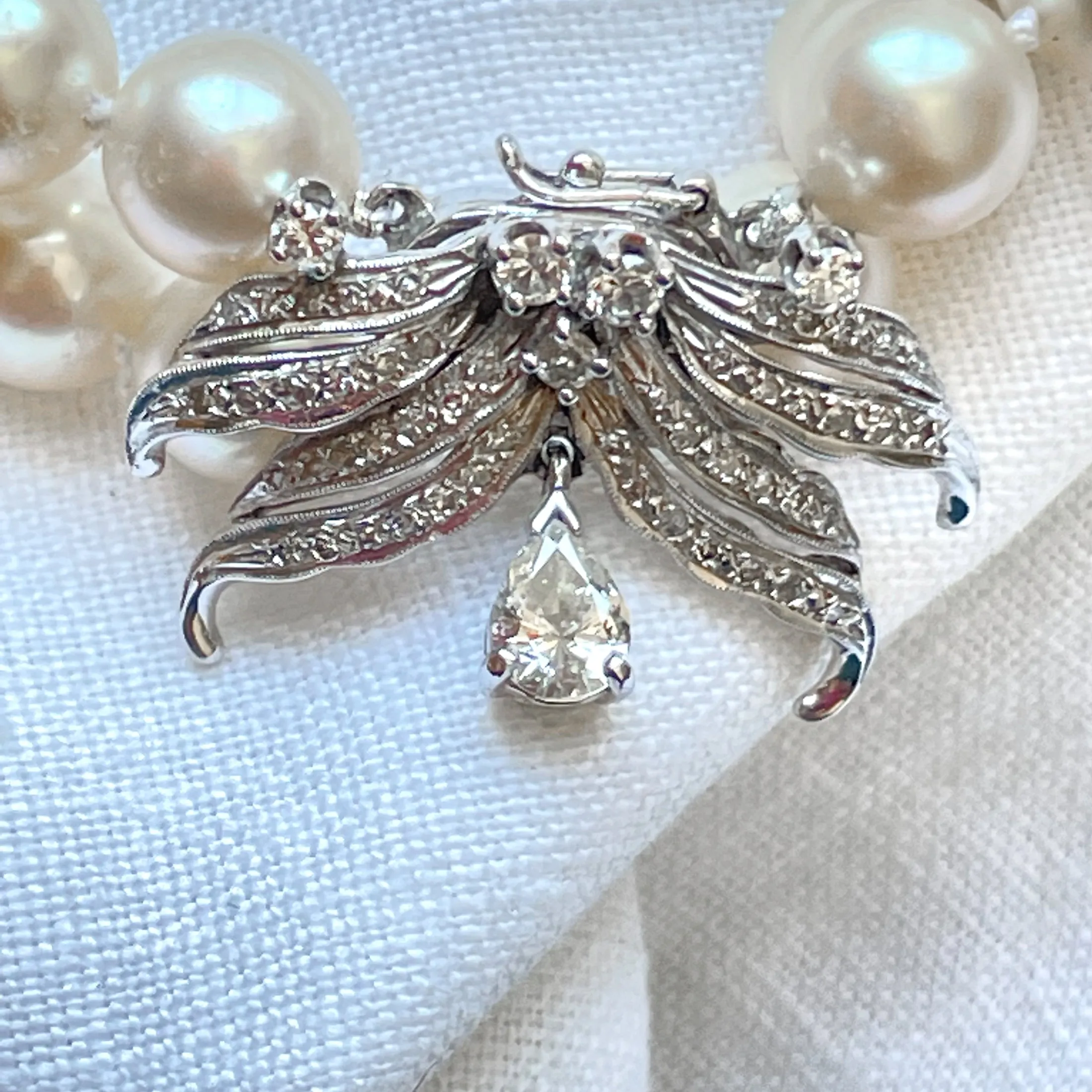 SOLD Vintage Double Strand Pearl Necklace, 14K White Gold Diamond Clasp, Restrung