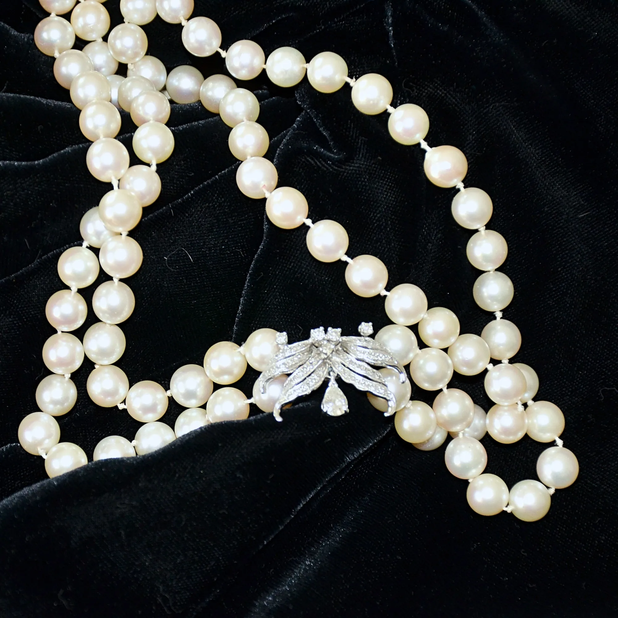 SOLD Vintage Double Strand Pearl Necklace, 14K White Gold Diamond Clasp, Restrung