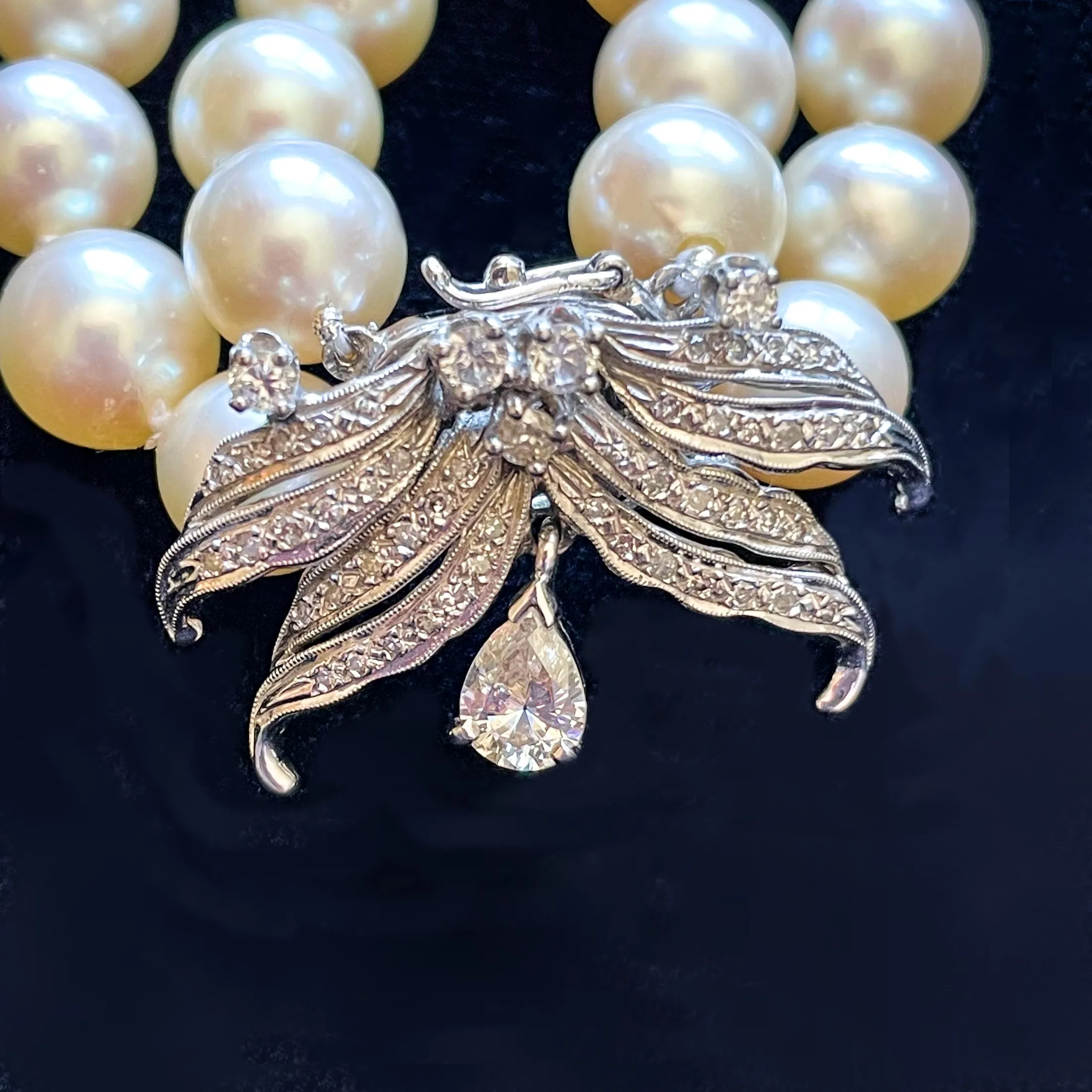 SOLD Vintage Double Strand Pearl Necklace, 14K White Gold Diamond Clasp, Restrung
