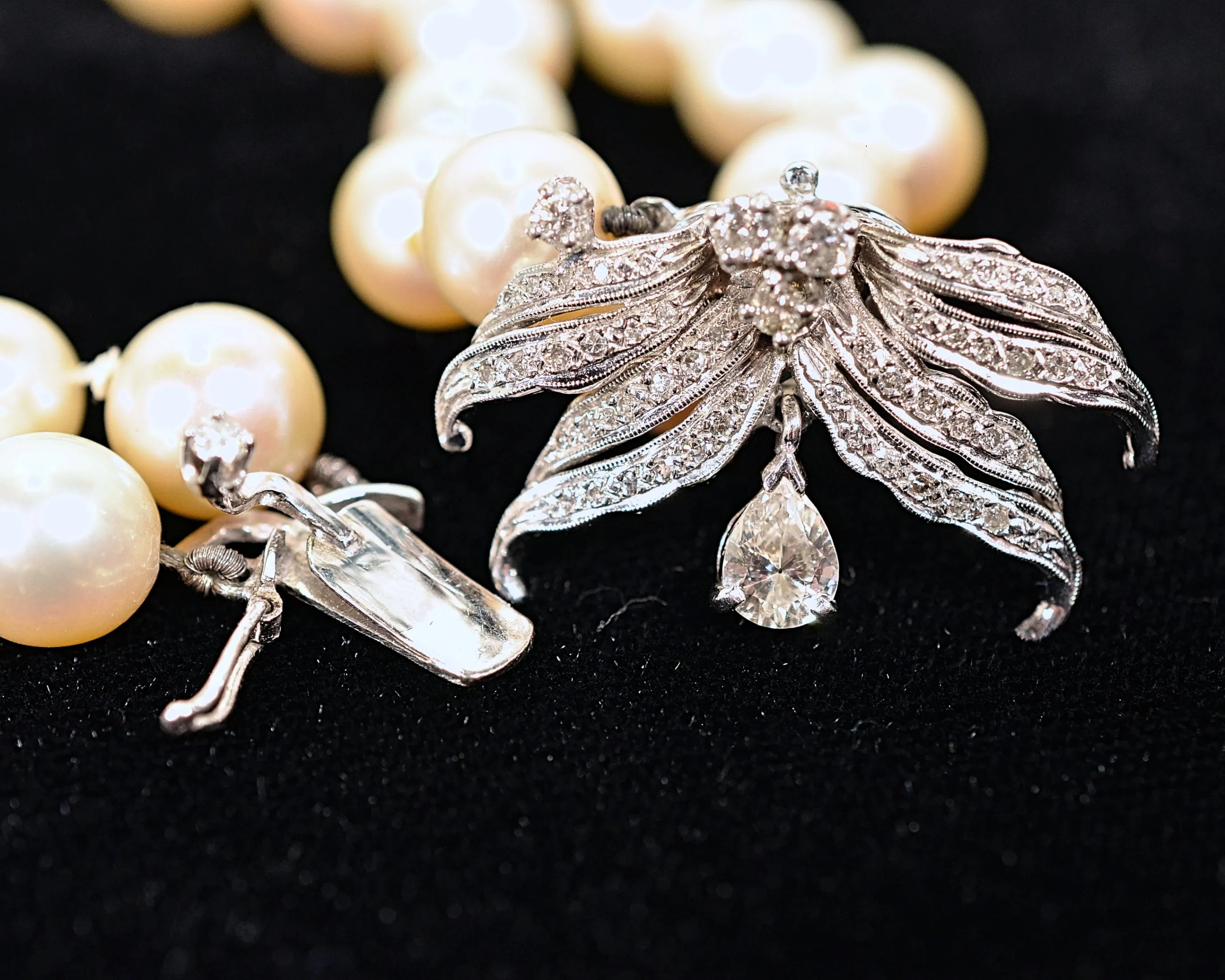 SOLD Vintage Double Strand Pearl Necklace, 14K White Gold Diamond Clasp, Restrung