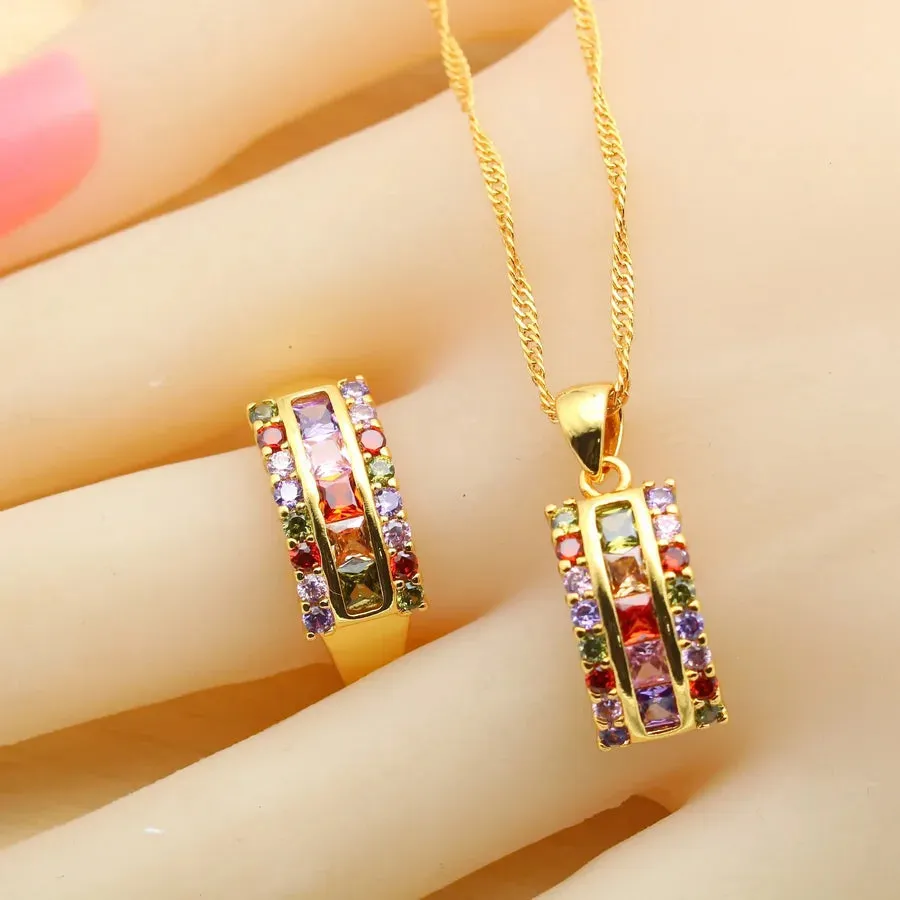 Square Multicolor Zirconia Gold-Plated Jewelry Set for Women | Necklace, Earrings, Ring, Bracelet & Pendant - Perfect Birthday Gift