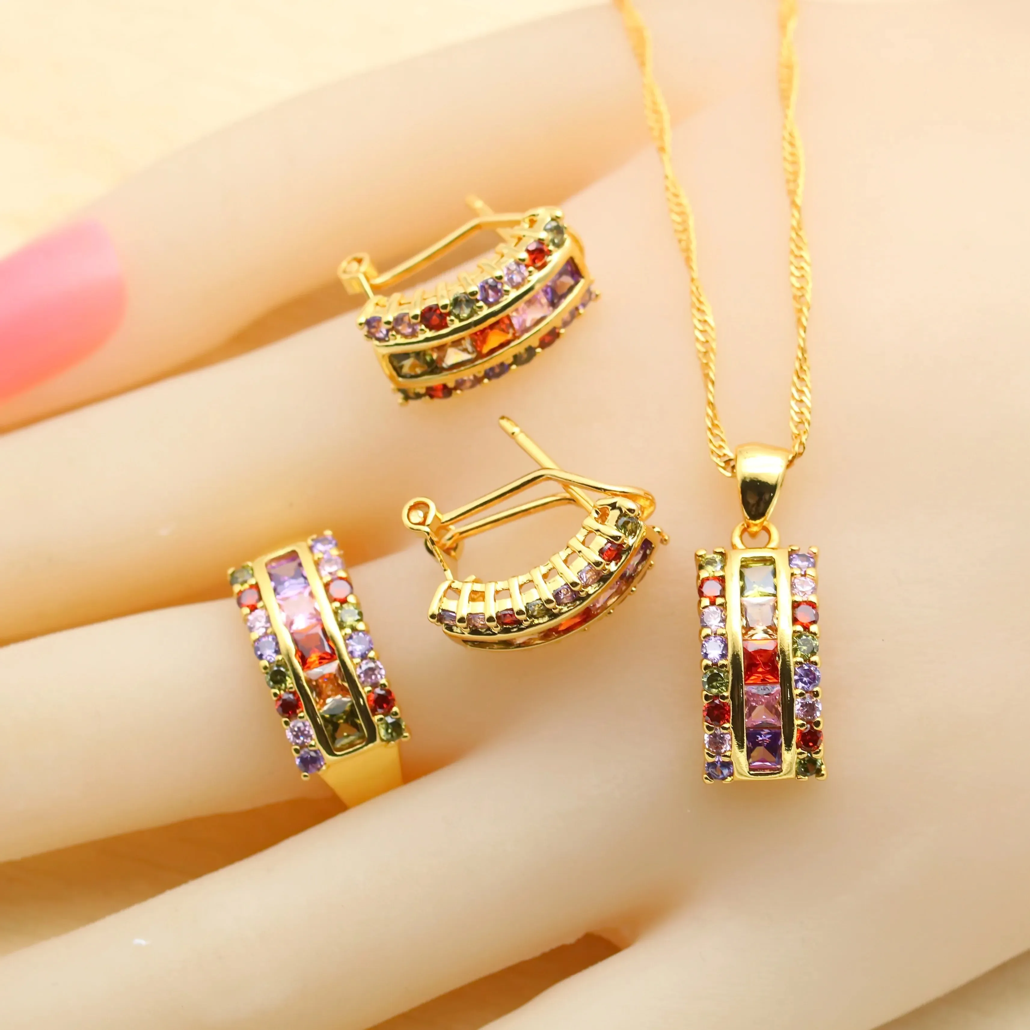 Square Multicolor Zirconia Gold-Plated Jewelry Set for Women | Necklace, Earrings, Ring, Bracelet & Pendant - Perfect Birthday Gift