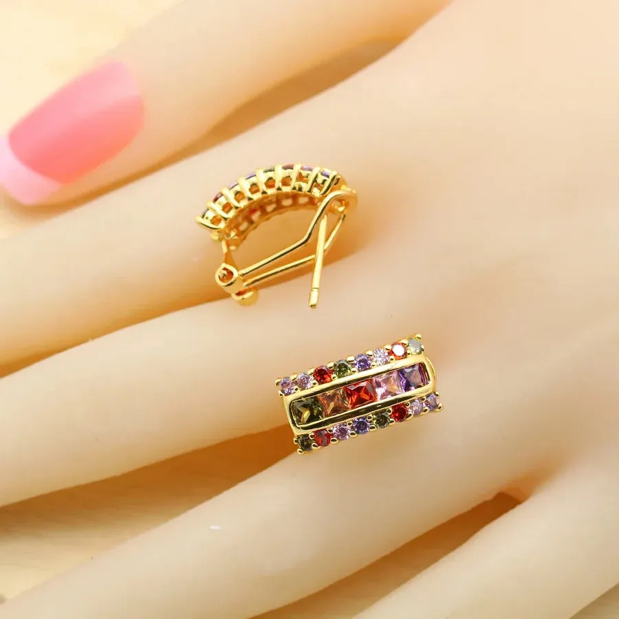 Square Multicolor Zirconia Gold-Plated Jewelry Set for Women | Necklace, Earrings, Ring, Bracelet & Pendant - Perfect Birthday Gift