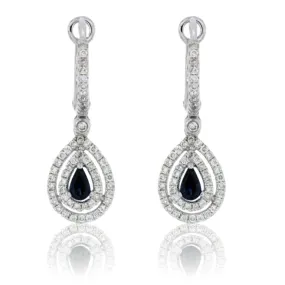 Tear Drop Sapphire Double Diamond Halo Dangle Earrings