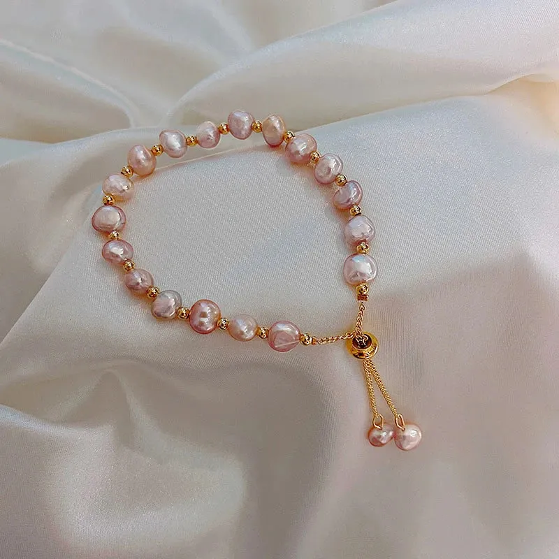 VAIGE Classic Semi-Baroque Natural Pearl Charm Bracelet with Copper Alloy, Champagne & White - 23cm Long