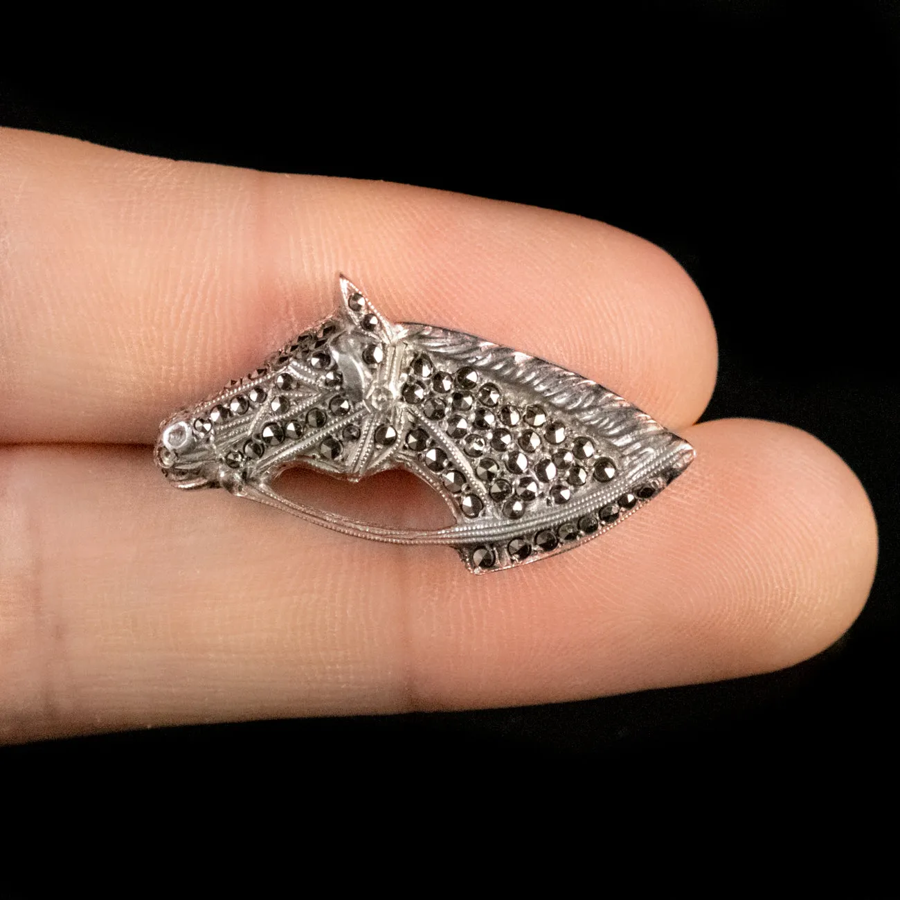 Victorian Style Marcasite Horse Head Brooch Silver
