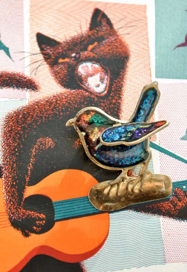 Vintage Enamel Tin Bird Brooch with Articulated Wing