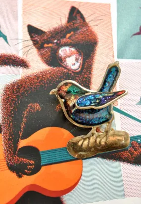 Vintage Enamel Tin Bird Brooch with Articulated Wing