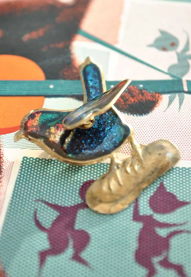 Vintage Enamel Tin Bird Brooch with Articulated Wing