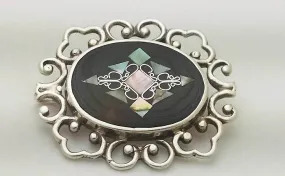 Vintage Mexican Sterling Silver Abalone Filigree Brooch