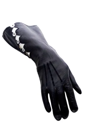 Vintage Midnight leather gauntlet gloves with open work and buttons