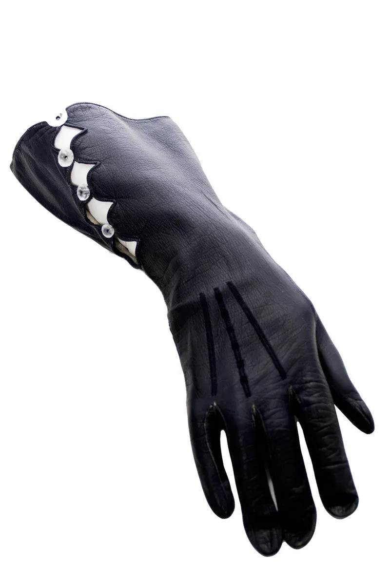 Vintage Midnight leather gauntlet gloves with open work and buttons