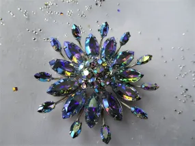 Vintage SHERMAN Brooch,Dazzling Peacock BLUE Rhinestones,Large Flower Design,Swarovski Crystal,Collectible Jewelry,50s Mid Century Jewelry