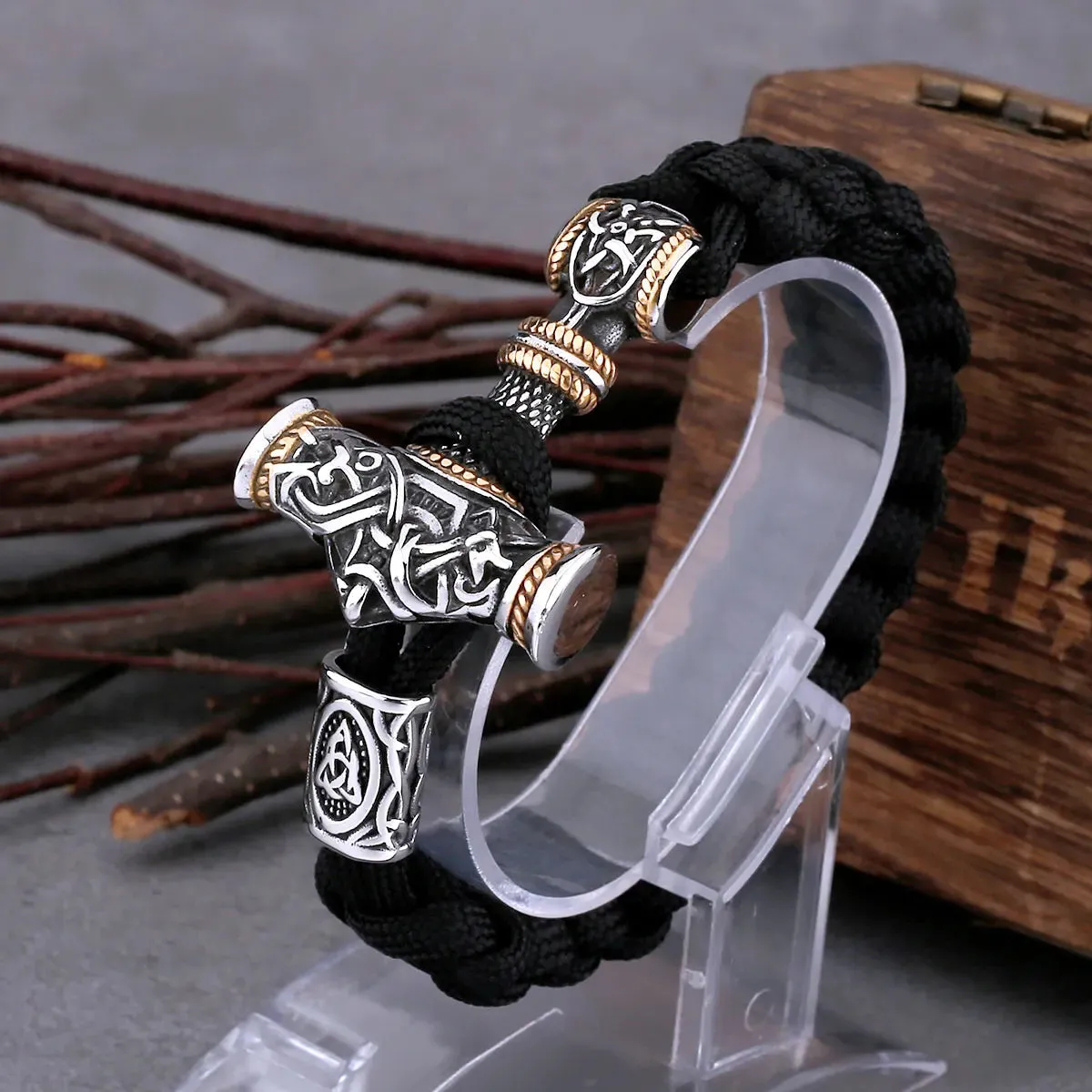Vintage Thor's Hammer Men Stainless Steel Viking Bracelet