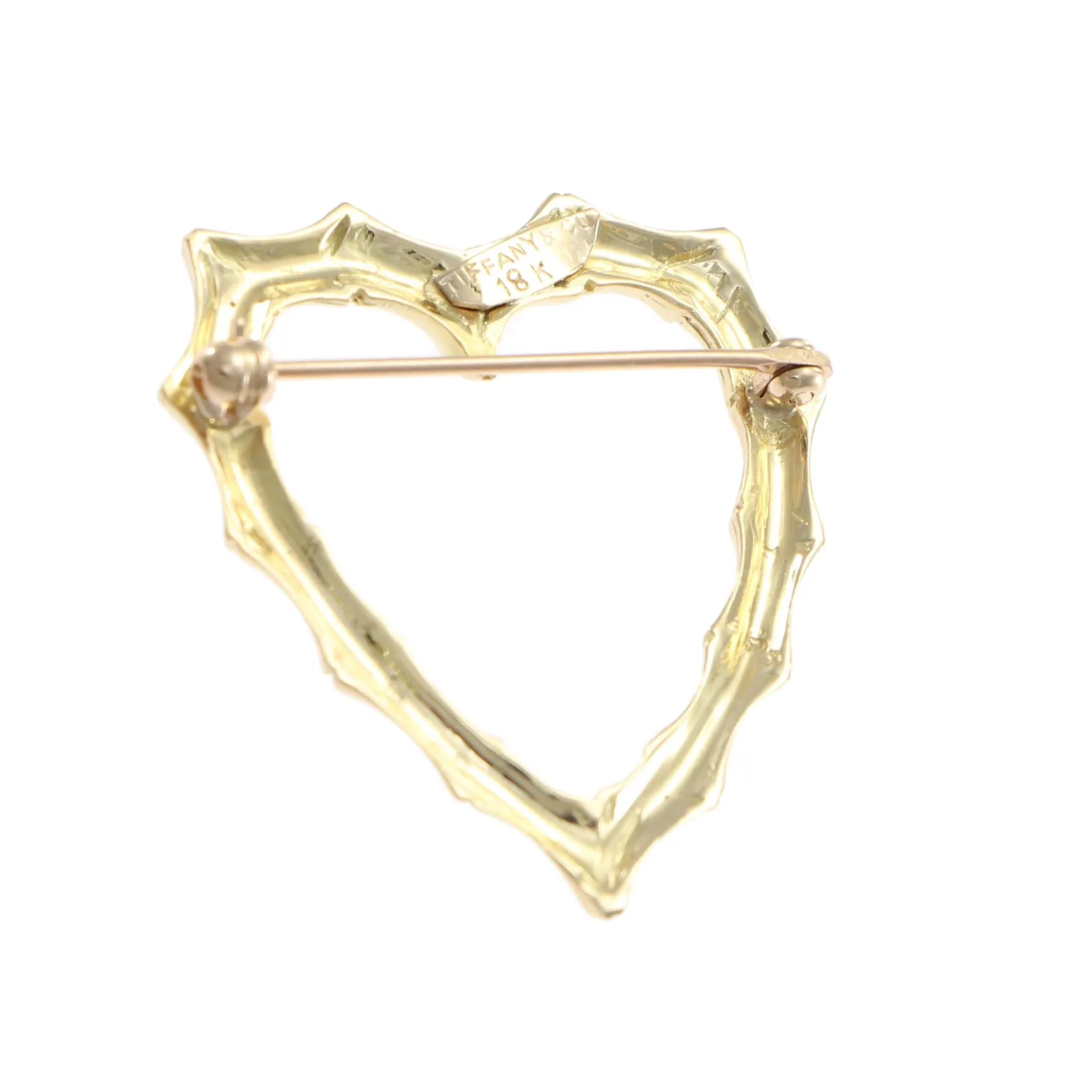 Vintage Tiffany & Co. Bamboo Open Heart Brooch Pin 18k Yellow Gold 28x32mm 5.5g