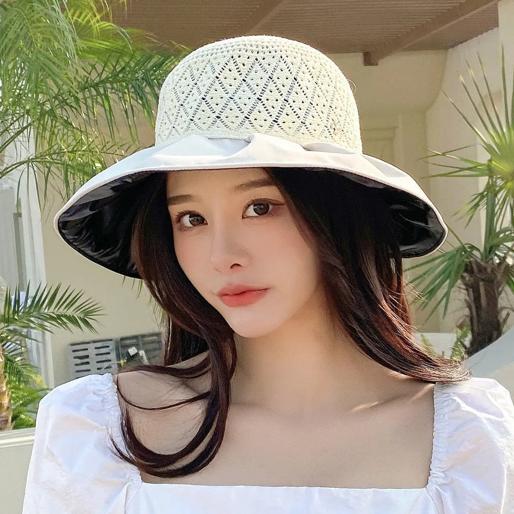 Women Summer Hats Wide Brim UV Protection Beach Straw Hat  Fashion Bow Design Sun Hat Outdoor Travel Hats