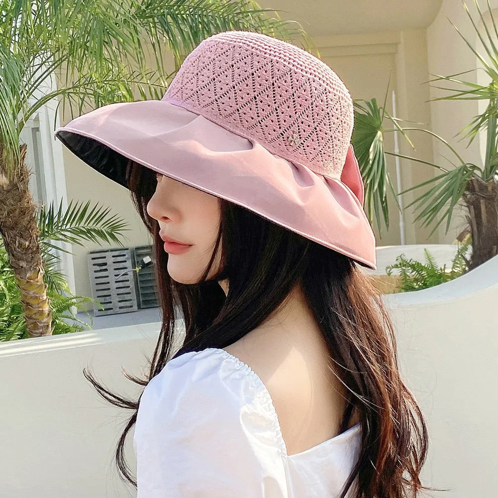 Women Summer Hats Wide Brim UV Protection Beach Straw Hat  Fashion Bow Design Sun Hat Outdoor Travel Hats