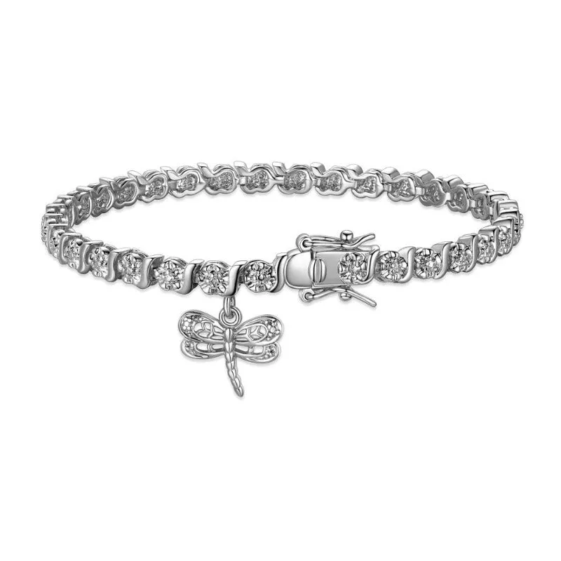 Women's 18K Yellow Gold Plated Diamond Accent Open Heart Charm Tennis Bracelet, 7.25"