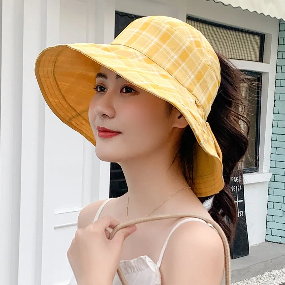Women's Summer Hat Fashion Lattice Design Sun Hat Female Travel  Beach Bucket Hat