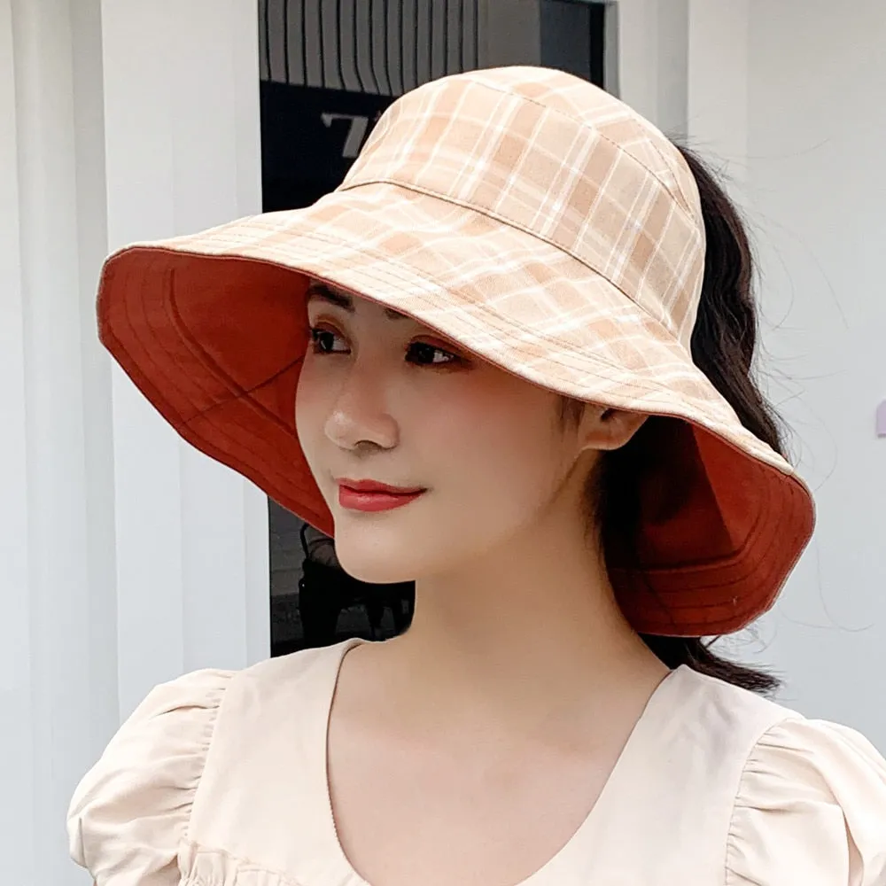 Women's Summer Hat Fashion Lattice Design Sun Hat Female Travel  Beach Bucket Hat