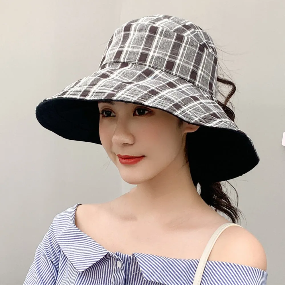 Women's Summer Hat Fashion Lattice Design Sun Hat Female Travel  Beach Bucket Hat